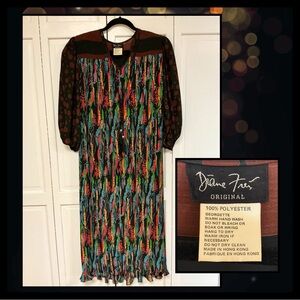 Diane Freis Vintage 80s Pleated Boho Dress Tassel Tie Puff Sleeve Hong Kong